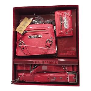 Steve Madden Bag Special Edition Red Evelyn Gift Set Purse 2‎ Bag Straps Wallet
